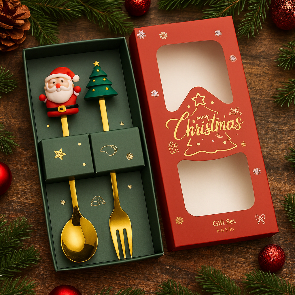 Christmas Spoon & Fork Gift Set - Festive Stainless Steel Cutlery for Holiday Dining