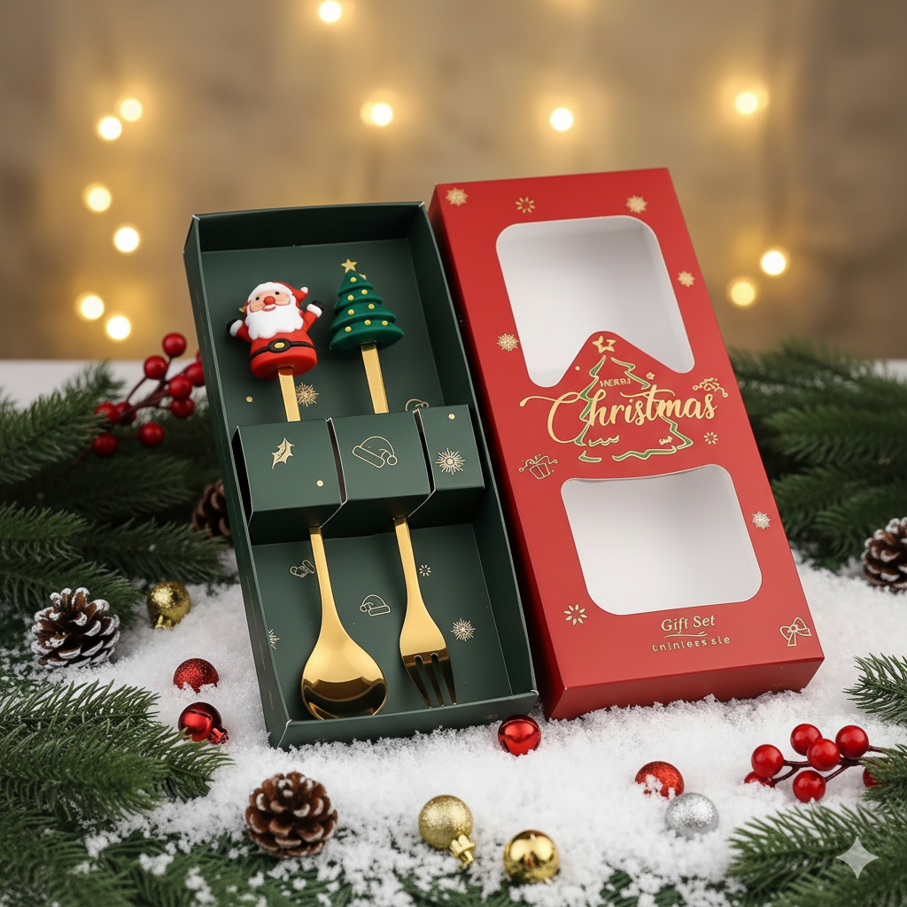 Christmas Spoon & Fork Gift Set - Festive Stainless Steel Cutlery for Holiday Dining
