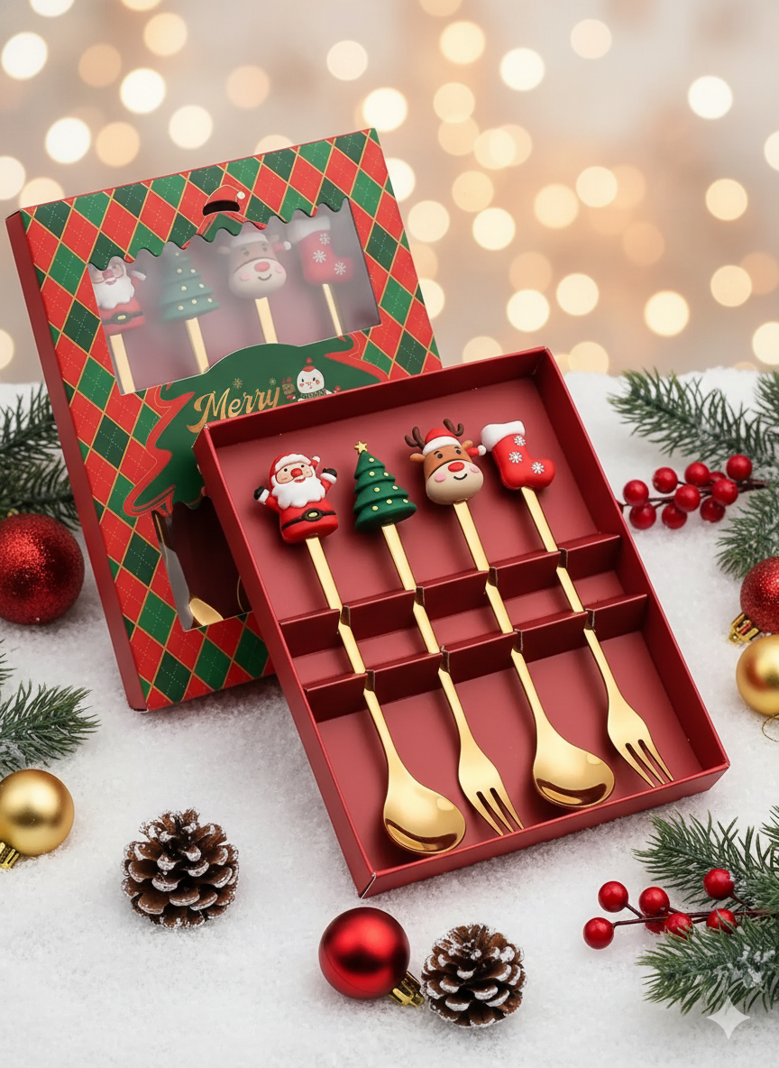 Christmas Spoon & Fork Gift Set - Festive Stainless Steel Cutlery for Holiday Dining