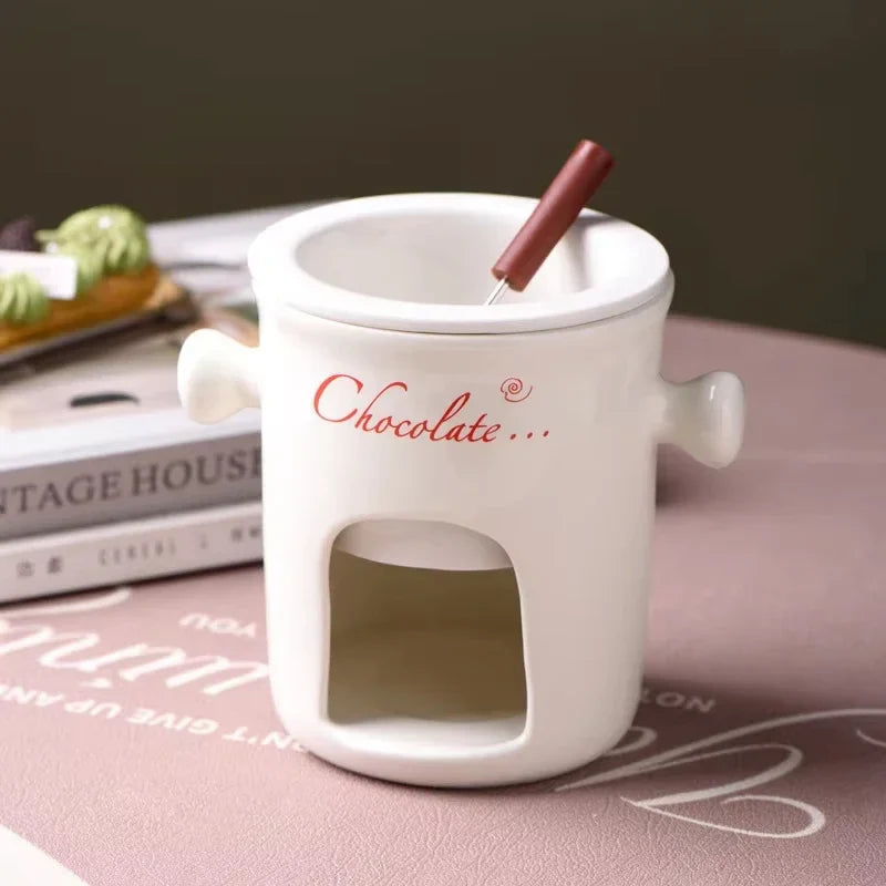 Chocolate Fondue Mug - Ceramic Melting Cup with Candle & Fork for Desserts