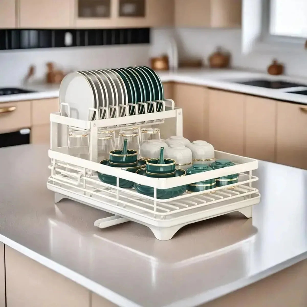 Adjustable Dish Drying Rack - 2-Tier Stainless Steel Kitchen Organizer with Drainer
