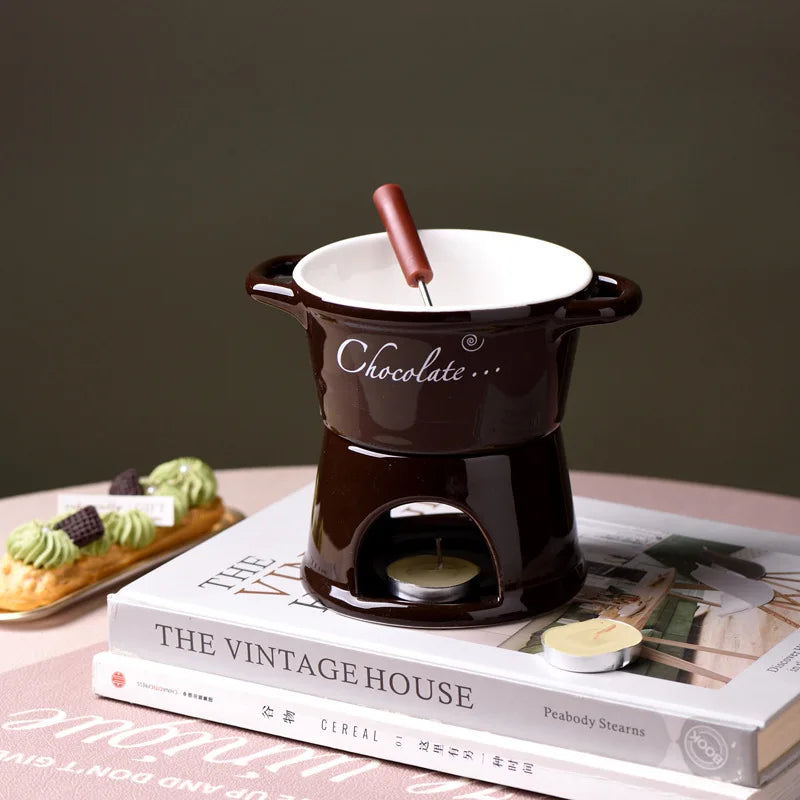 Chocolate Fondue Mug - Ceramic Melting Cup with Candle & Fork for Desserts