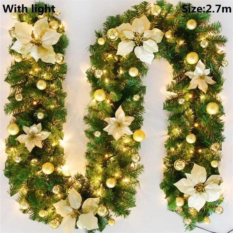 Christmas LED Rattan Garland - 270cm Artificial Wreath with Lights for Xmas Decor