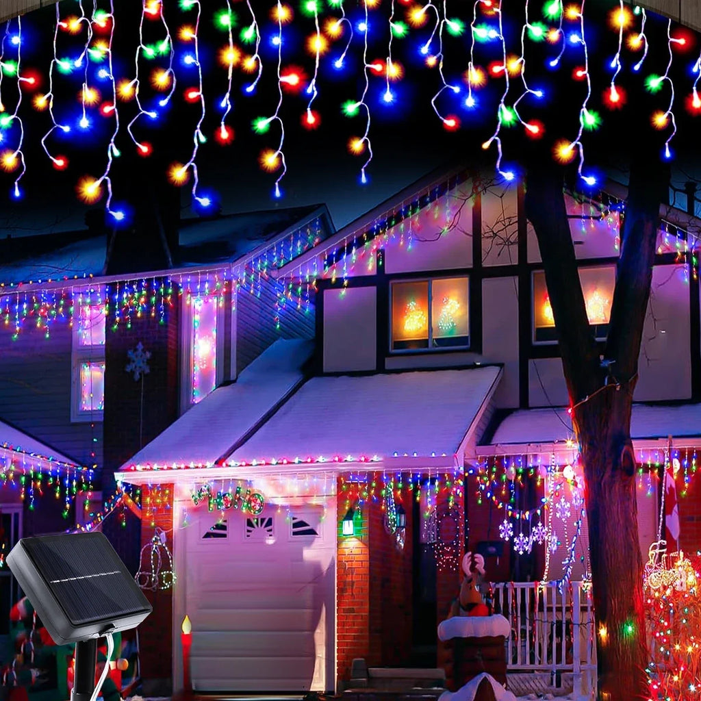 Solar Curtain Icicle Lights - Waterproof LED Christmas String Lights Outdoor