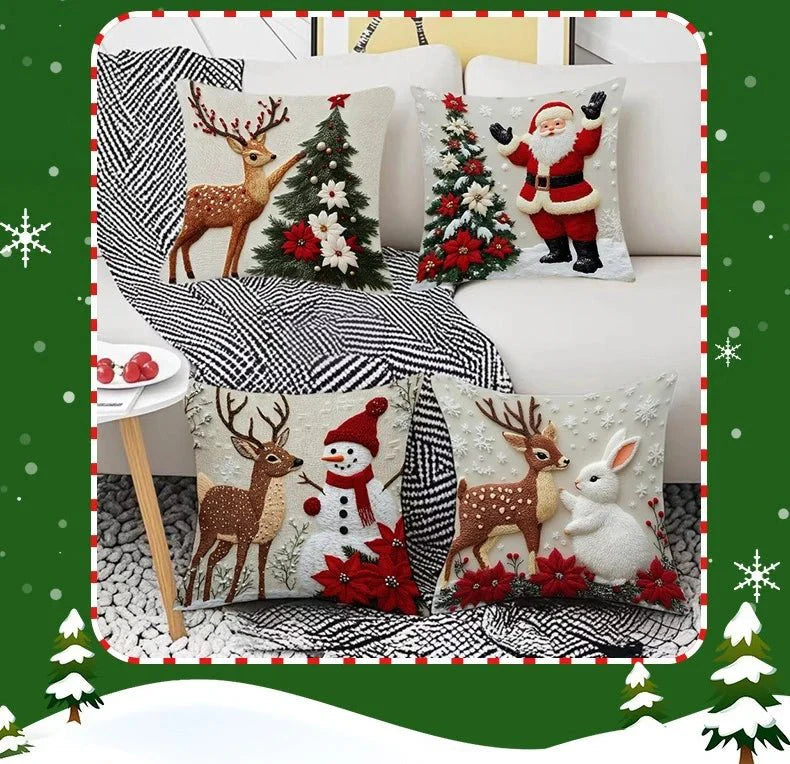 Christmas Throw Pillow Covers - 4-Piece Set 18x18" Holiday Linen Cushion Covers
