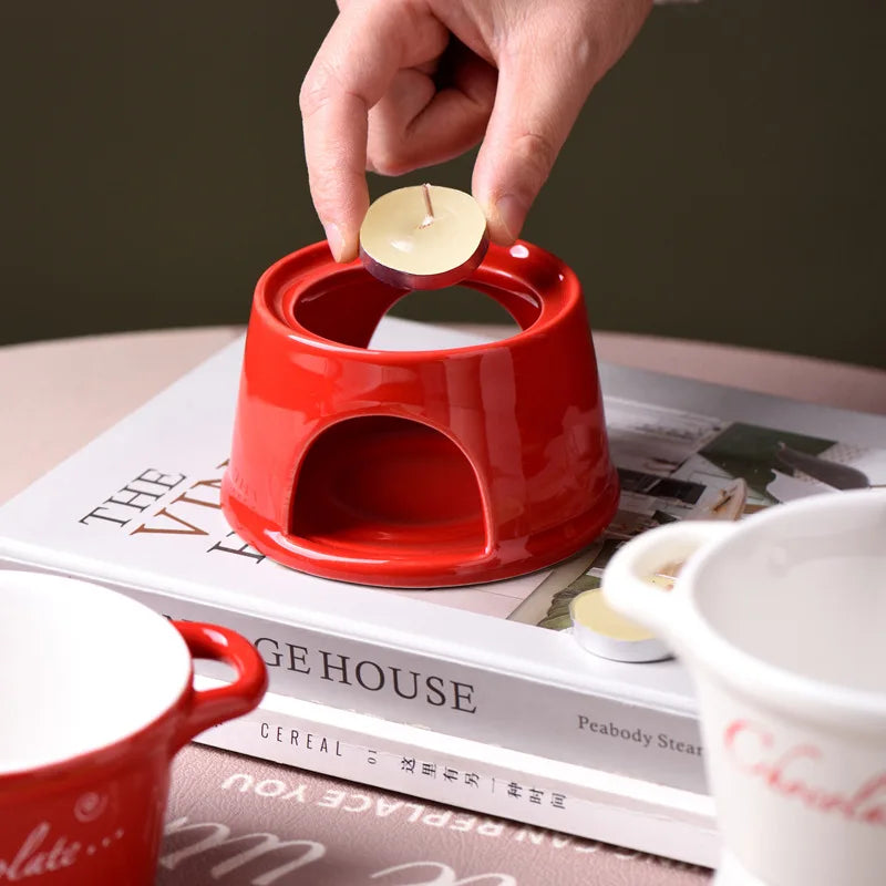 Chocolate Fondue Mug - Ceramic Melting Cup with Candle & Fork for Desserts