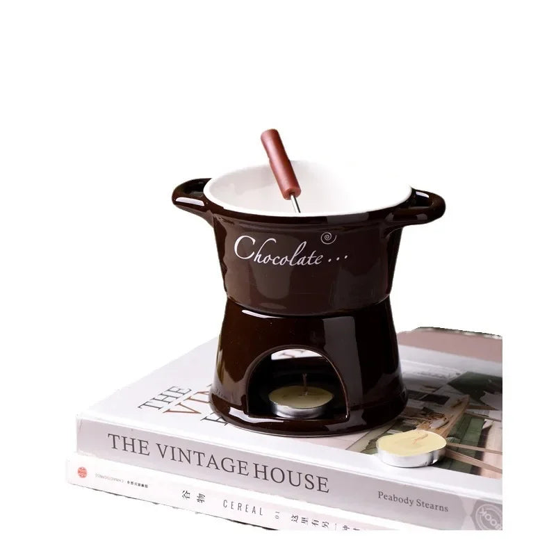 Chocolate Fondue Mug - Ceramic Melting Cup with Candle & Fork for Desserts