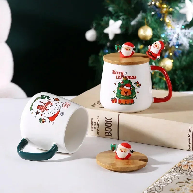 Christmas Ceramic Mug Gift Set - Coffee Cup with Lid & Spoon in Gift Box