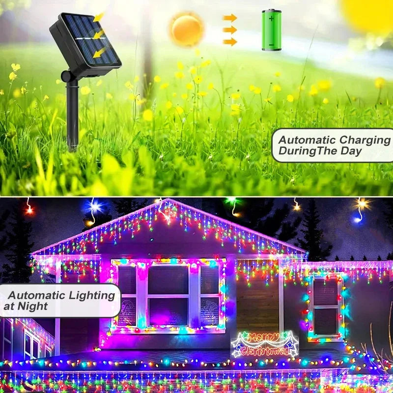 Solar Curtain Icicle Lights - Waterproof LED Christmas String Lights Outdoor