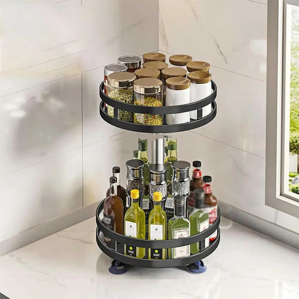 2-Tier Rotatable Kitchen Storage Rack - 360° Lazy Susan Organizer for Countertops & Cabinets