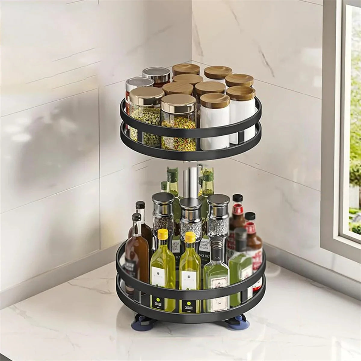 2-Tier Rotatable Kitchen Storage Rack - 360° Lazy Susan Organizer for Countertops & Cabinets