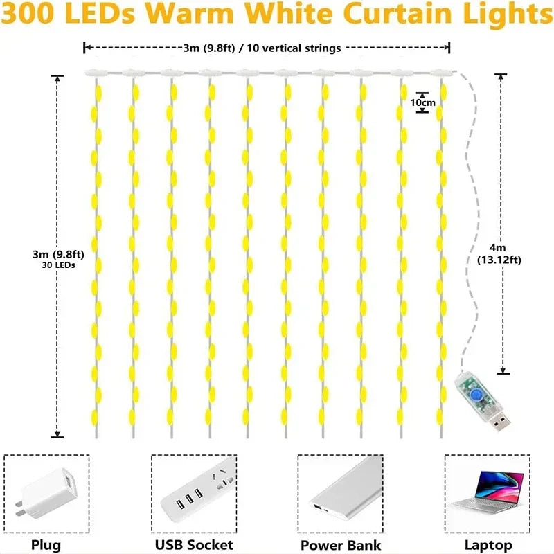 LED Curtain Fairy Lights - 3M x 1M 300 LED Warm White String Lights for Indoor & Outdoor Decor