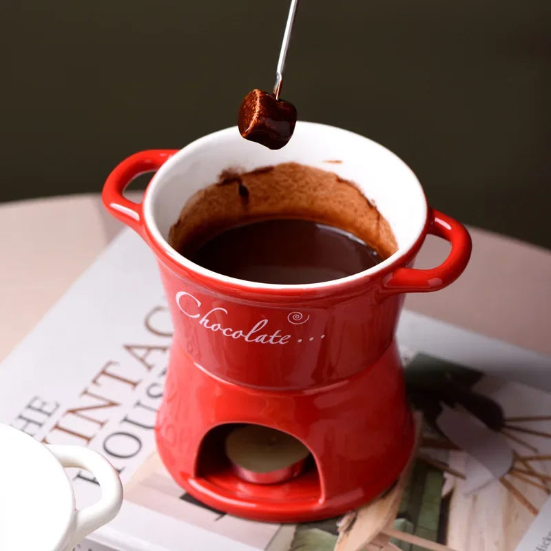 Chocolate Fondue Mug - Ceramic Melting Cup with Candle & Fork for Desserts