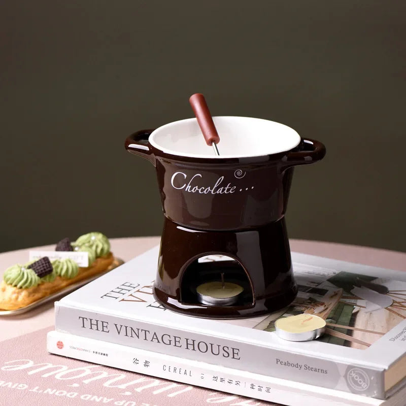 Chocolate Fondue Mug - Ceramic Melting Cup with Candle & Fork for Desserts