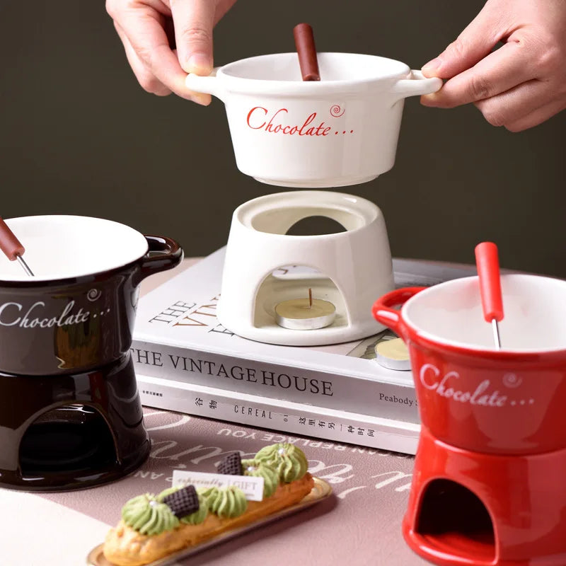 Chocolate Fondue Mug - Ceramic Melting Cup with Candle & Fork for Desserts