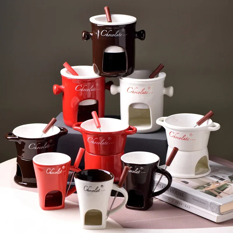 Chocolate Fondue Mug - Ceramic Melting Cup with Candle & Fork for Desserts