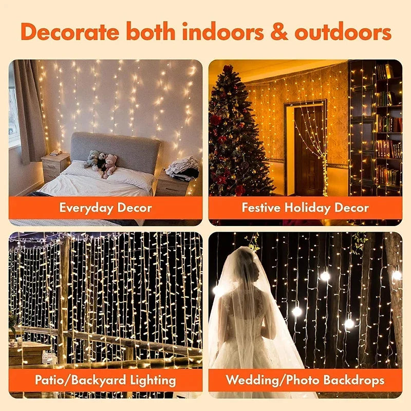 LED Curtain Fairy Lights - 3M x 1M 300 LED Warm White String Lights for Indoor & Outdoor Decor