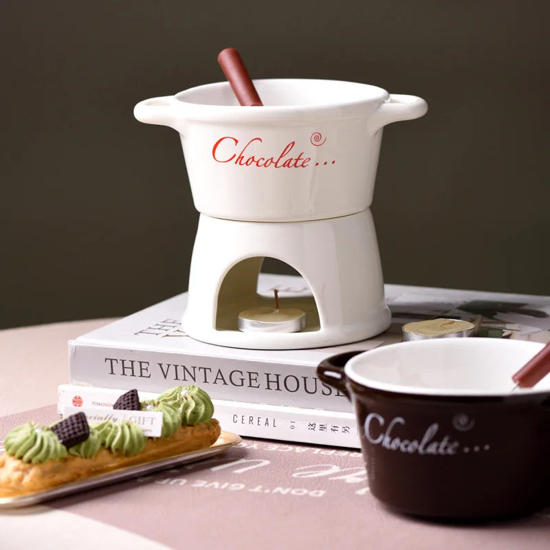 Chocolate Fondue Mug - Ceramic Melting Cup with Candle & Fork for Desserts