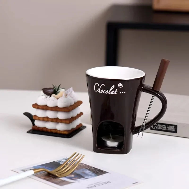 Chocolate Fondue Mug - Ceramic Melting Cup with Candle & Fork for Desserts