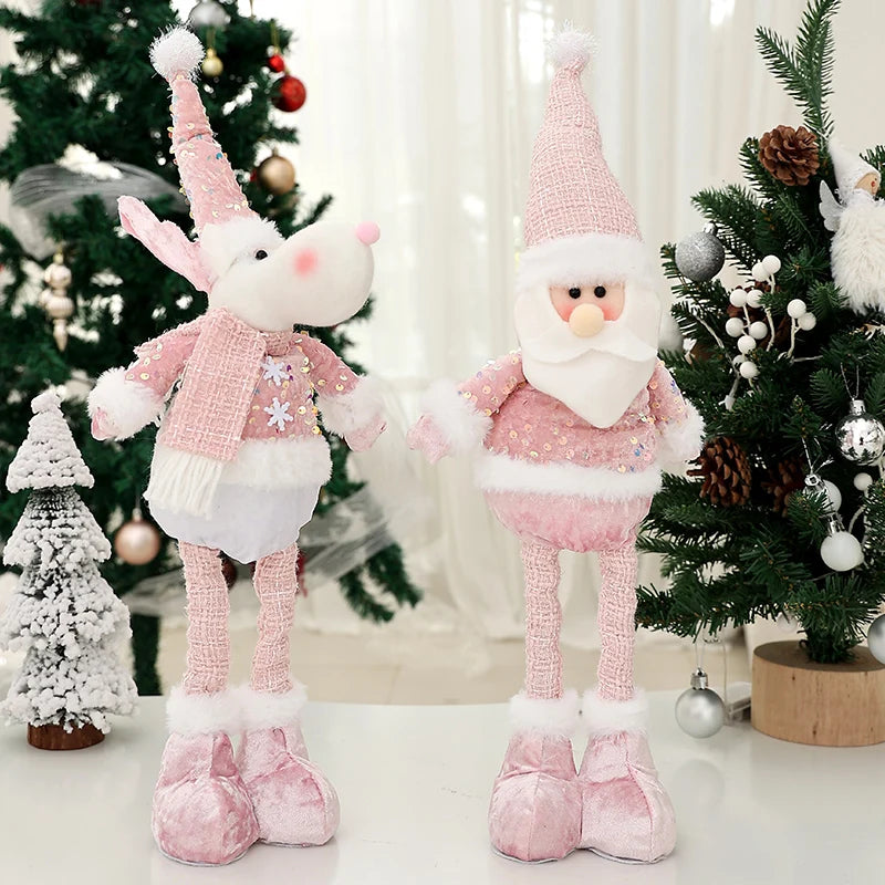 Christmas Pink Doll with Sequined Telescopic Legs - Holiday Table Ornament