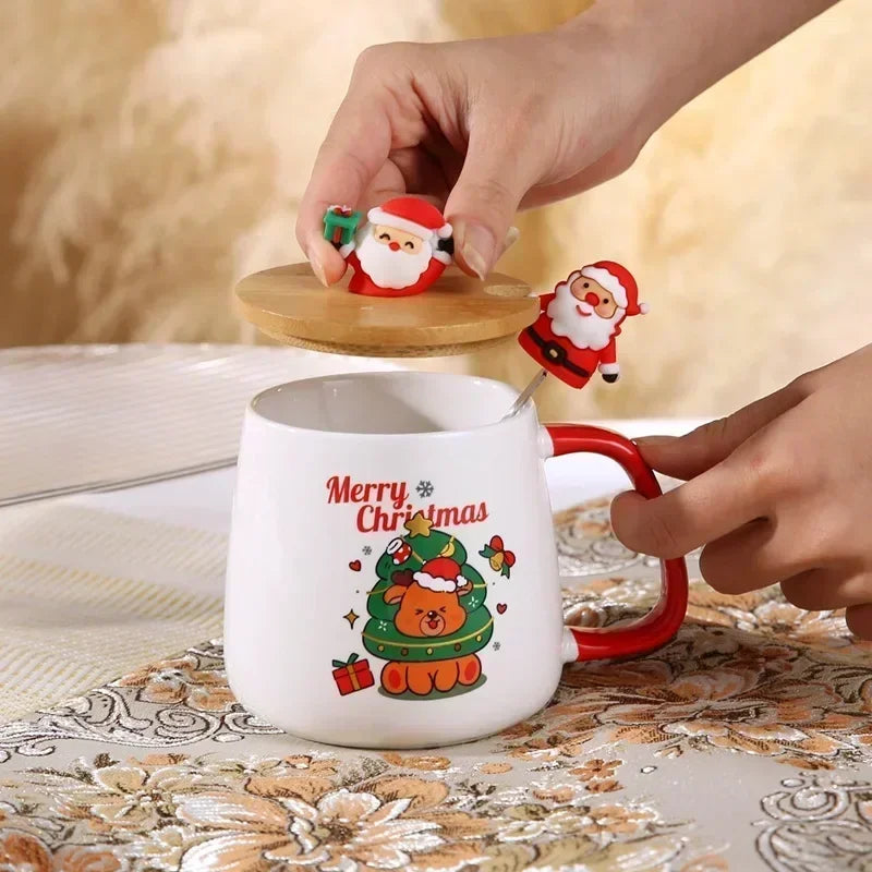 Christmas Ceramic Mug Gift Set - Coffee Cup with Lid & Spoon in Gift Box