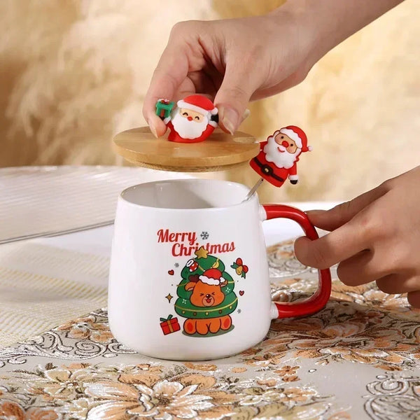 Christmas Ceramic Mug Gift Set - Coffee Cup with Lid & Spoon in Gift Box