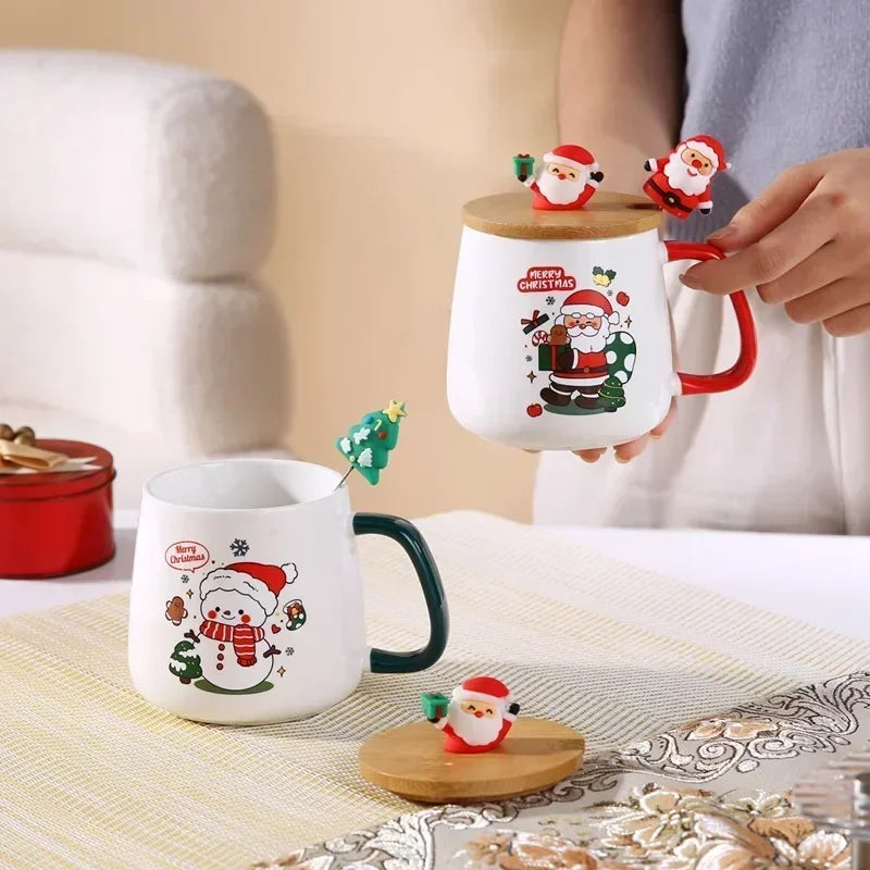 Christmas Ceramic Mug Gift Set - Coffee Cup with Lid & Spoon in Gift Box