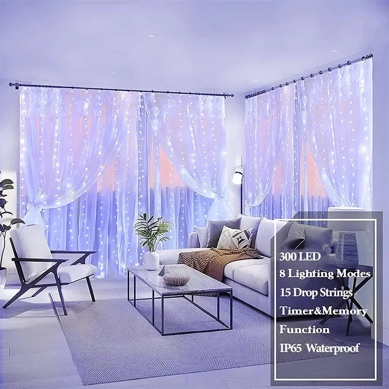 LED Curtain Fairy Lights - 3M x 1M 300 LED Warm White String Lights for Indoor & Outdoor Decor