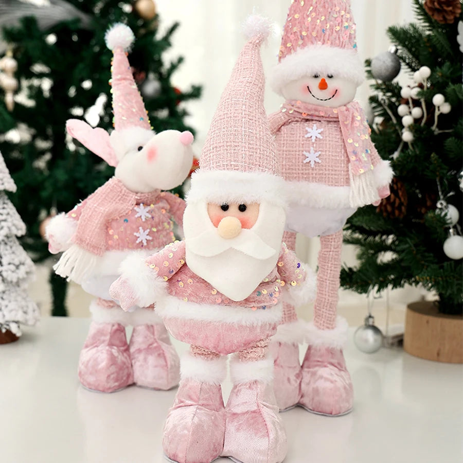 Christmas Pink Doll with Sequined Telescopic Legs - Holiday Table Ornament