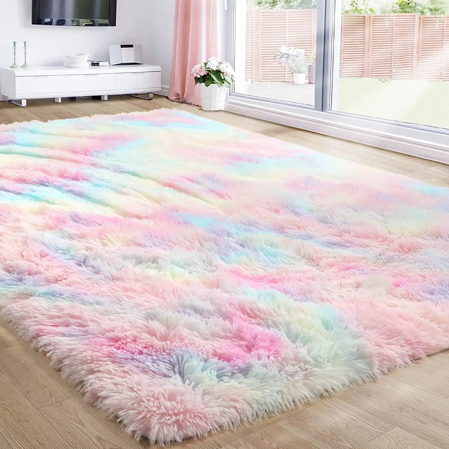 RainbowCloud Plush Rug – Soft, Fluffy & Vibrant!