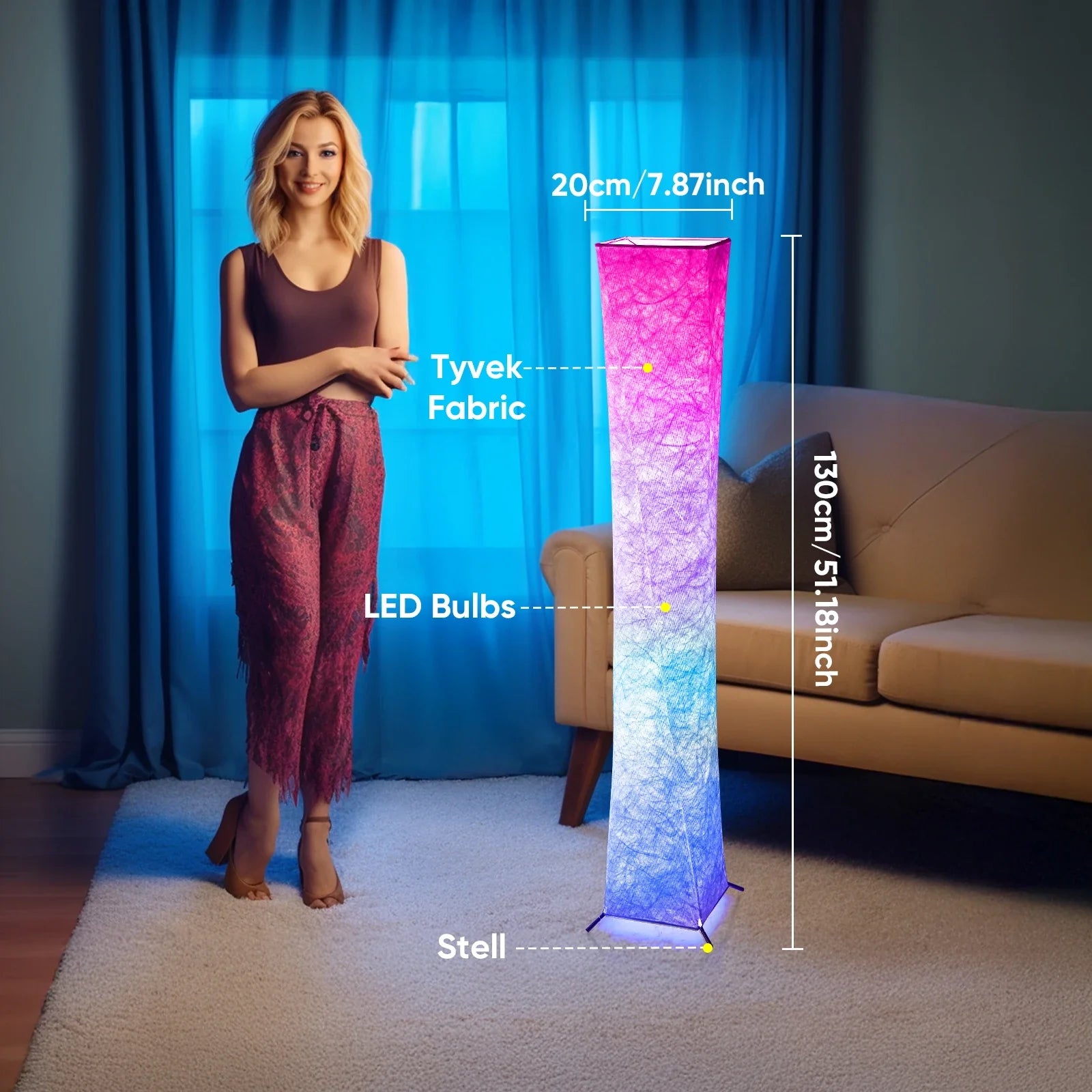 52" RGB LED Floor Lamp - Dimmable Color Changing Standing Lamp with Remote Control
