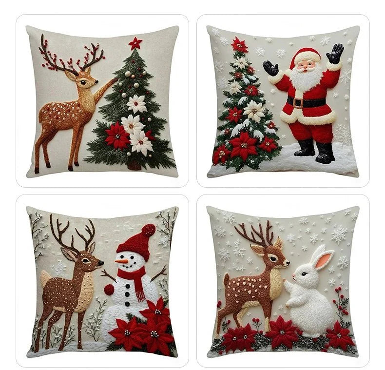 Christmas Throw Pillow Covers - 4-Piece Set 18x18" Holiday Linen Cushion Covers