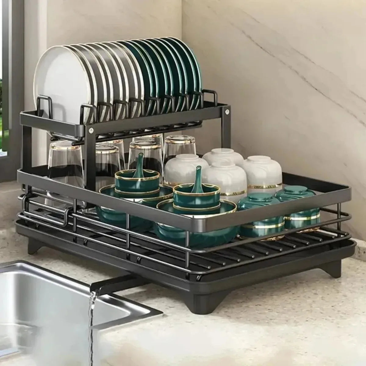 Adjustable Dish Drying Rack - 2-Tier Stainless Steel Kitchen Organizer with Drainer