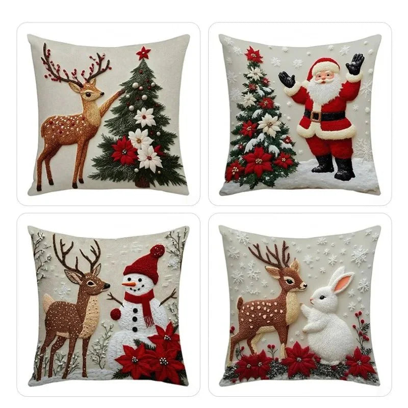 Christmas Throw Pillow Covers - 4-Piece Set 18x18" Holiday Linen Cushion Covers