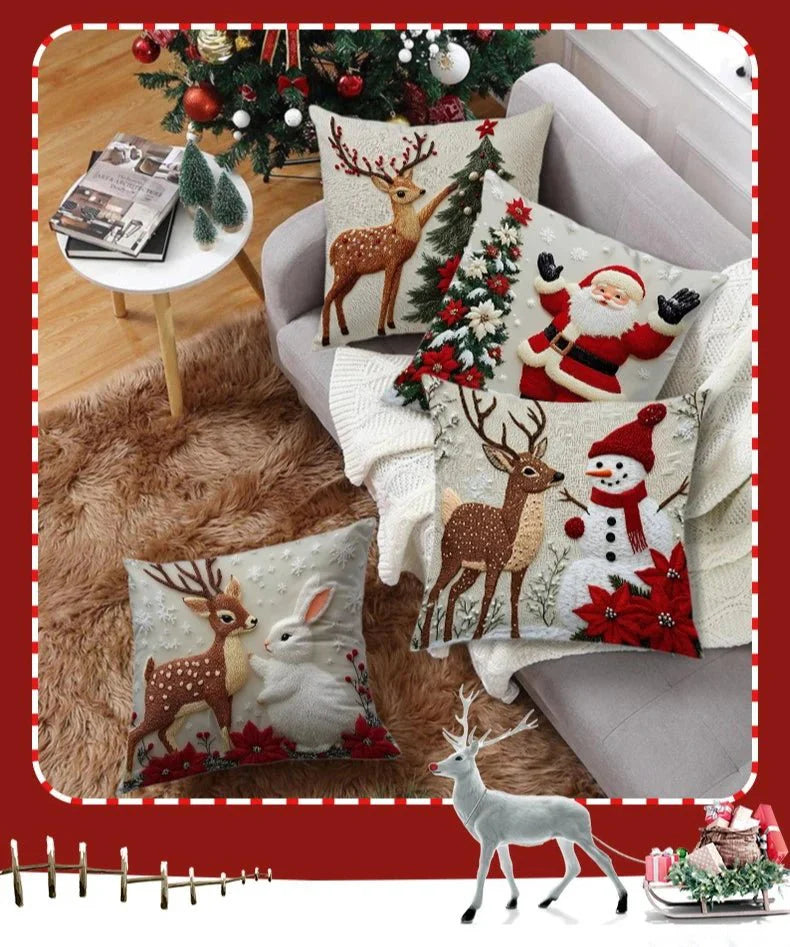 Christmas Throw Pillow Covers - 4-Piece Set 18x18" Holiday Linen Cushion Covers