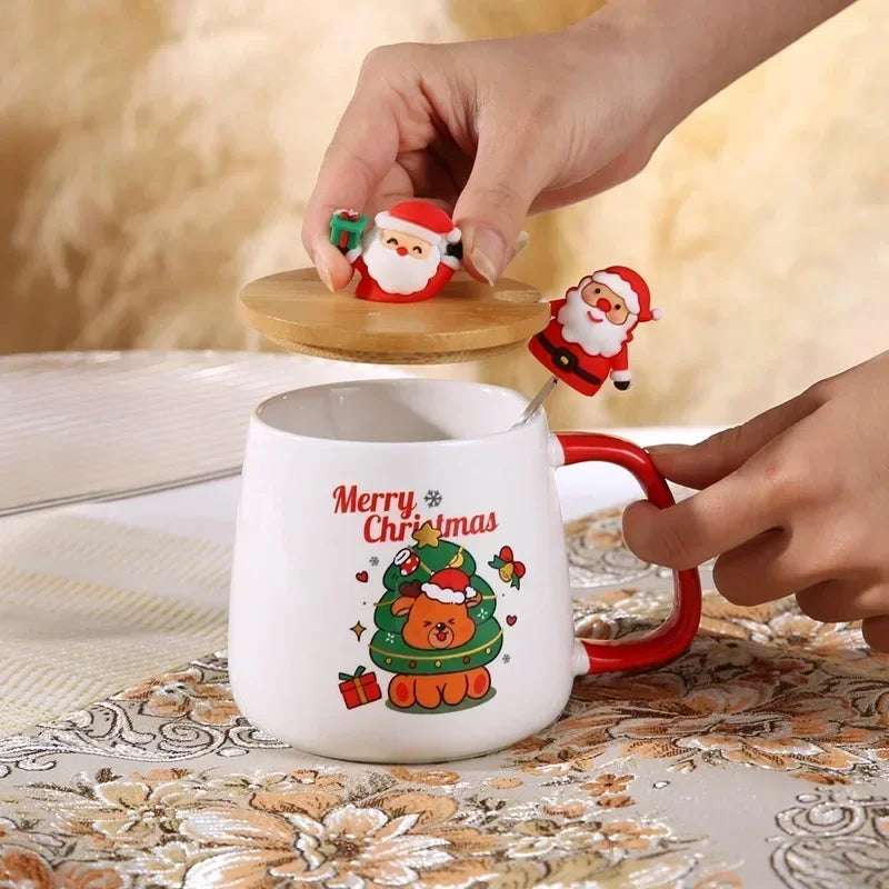 Christmas Ceramic Mug Gift Set - Coffee Cup with Lid & Spoon in Gift Box