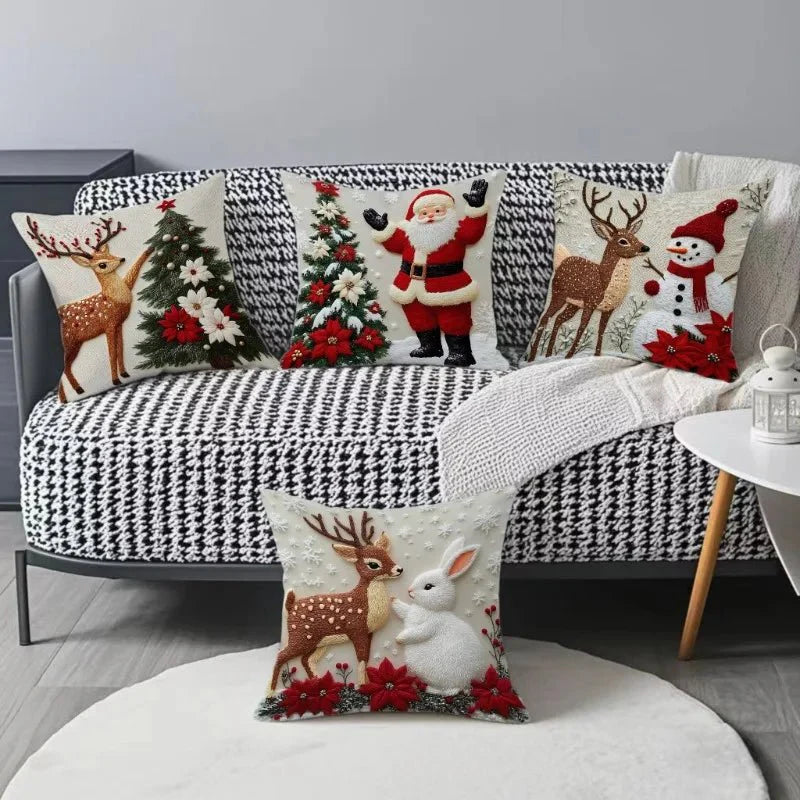Christmas Throw Pillow Covers - 4-Piece Set 18x18" Holiday Linen Cushion Covers