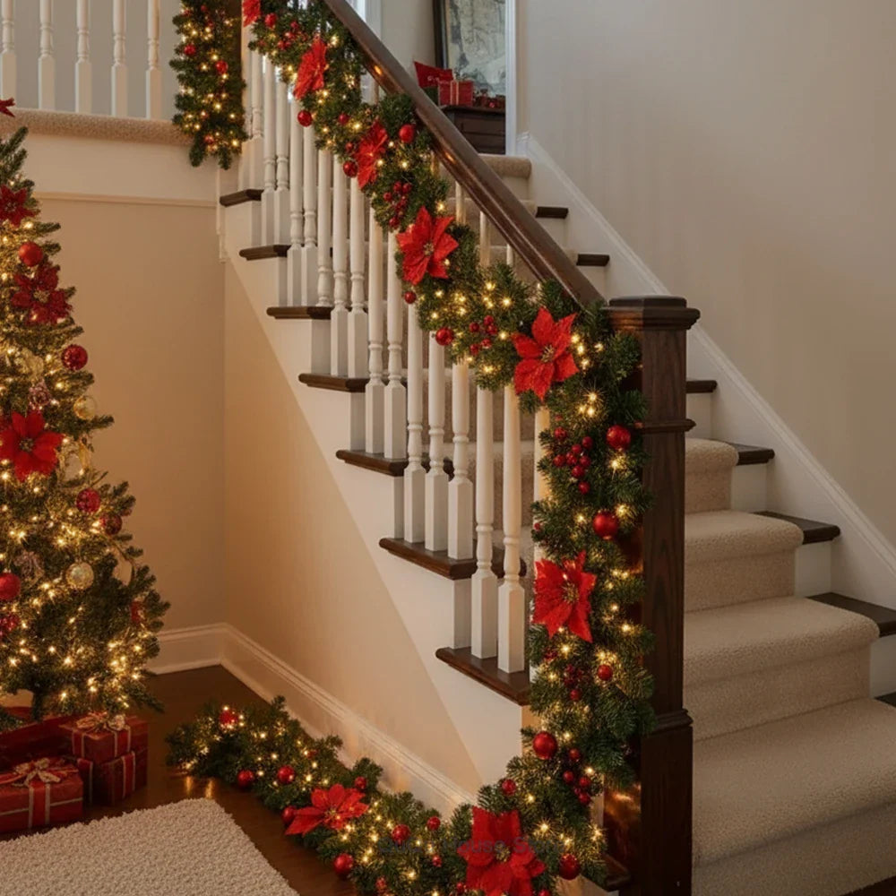 Christmas LED Rattan Garland - 270cm Artificial Wreath with Lights for Xmas Decor