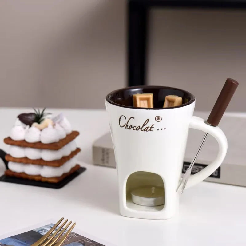 Chocolate Fondue Mug - Ceramic Melting Cup with Candle & Fork for Desserts