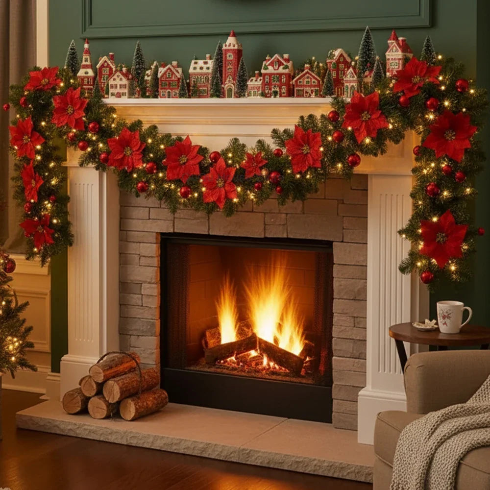 Christmas LED Rattan Garland - 270cm Artificial Wreath with Lights for Xmas Decor