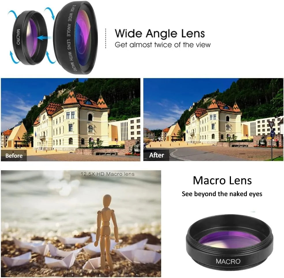 2-in-1 Phone Camera Lens - 0.45X Wide Angle & Macro for iPhone & Android