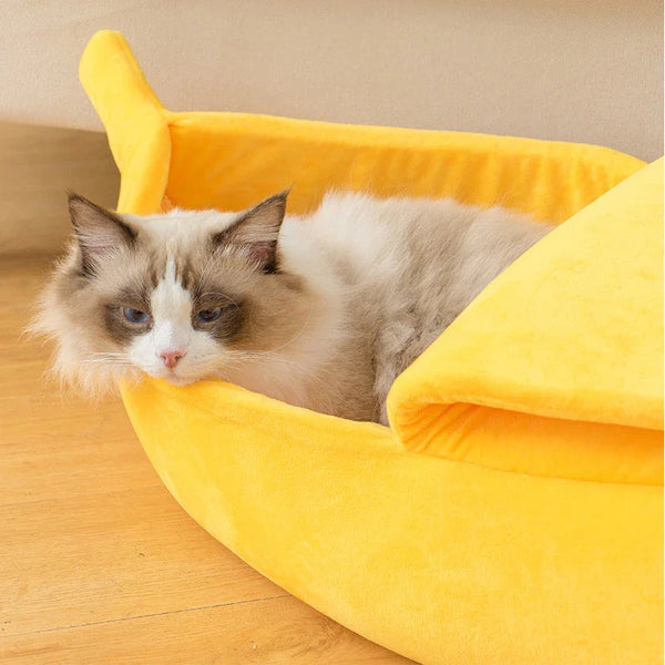 Banana Bed for Pets - Cozy Plush Cat & Dog Bed with Removable Cushion