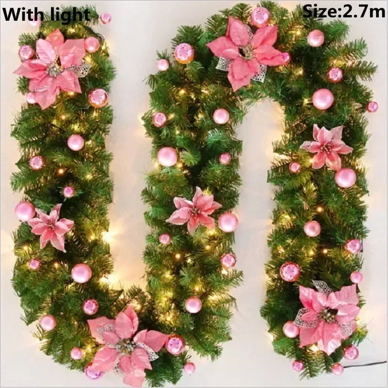 Christmas LED Rattan Garland - 270cm Artificial Wreath with Lights for Xmas Decor