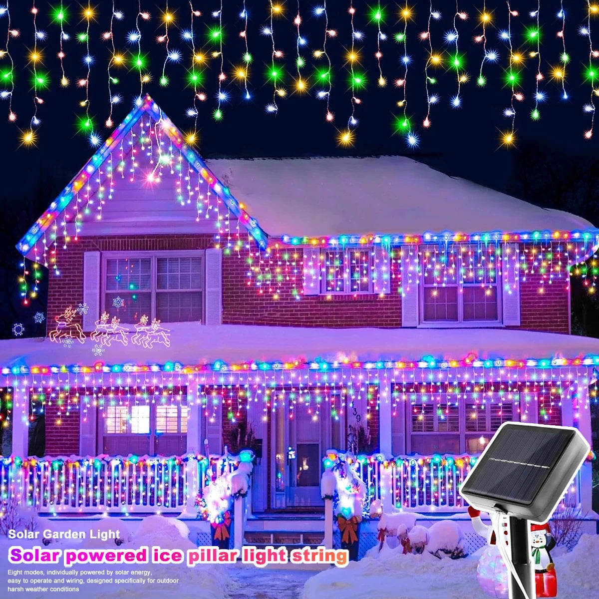 Solar Curtain Icicle Lights - Waterproof LED Christmas String Lights Outdoor