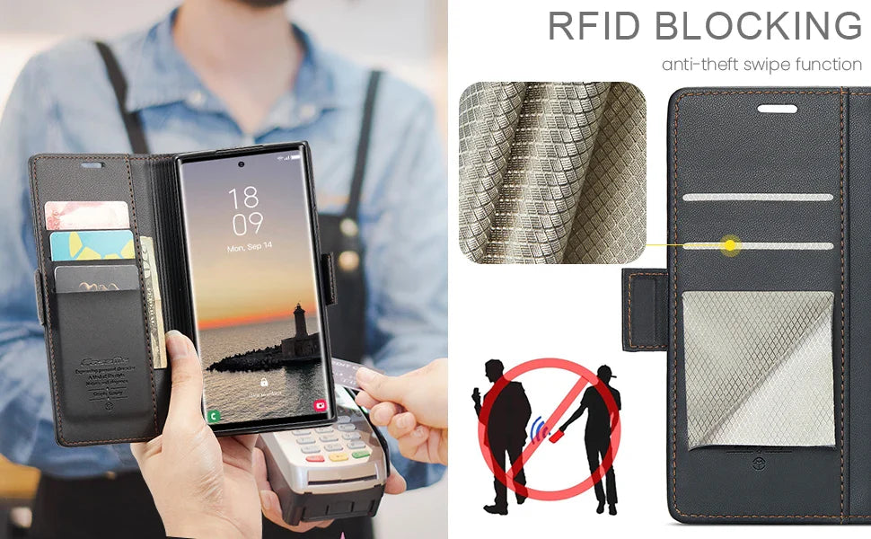CaseMe RFID Wallet Case for Samsung Galaxy - Leather Card Holder & Zipper