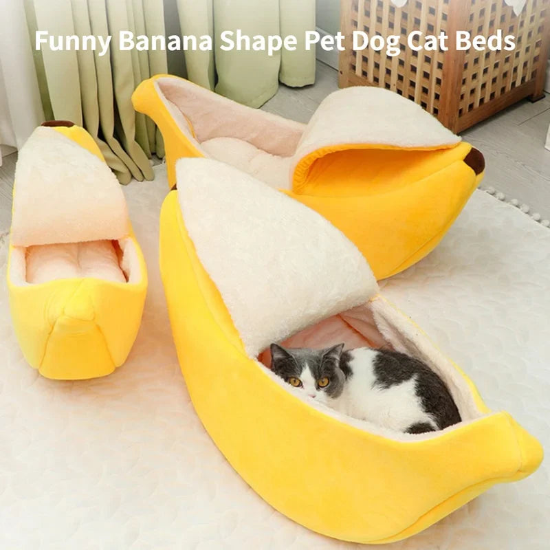 Banana Bed for Pets - Cozy Plush Cat & Dog Bed with Removable Cushion
