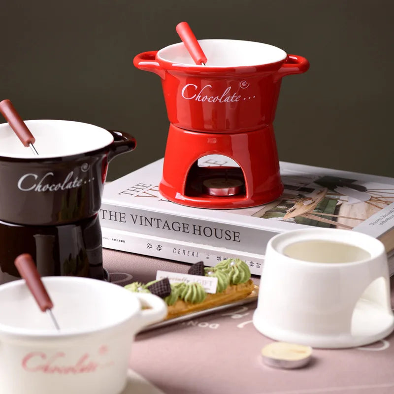 Chocolate Fondue Mug - Ceramic Melting Cup with Candle & Fork for Desserts