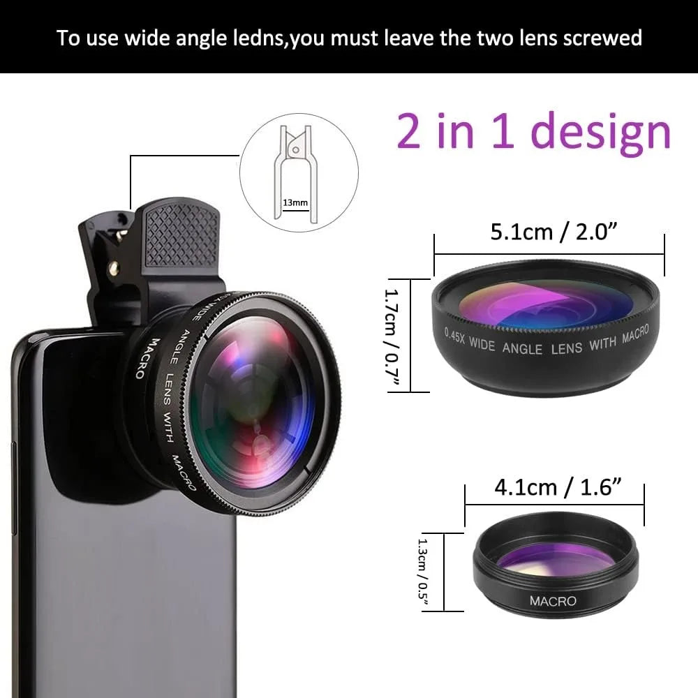 2-in-1 Phone Camera Lens - 0.45X Wide Angle & Macro for iPhone & Android