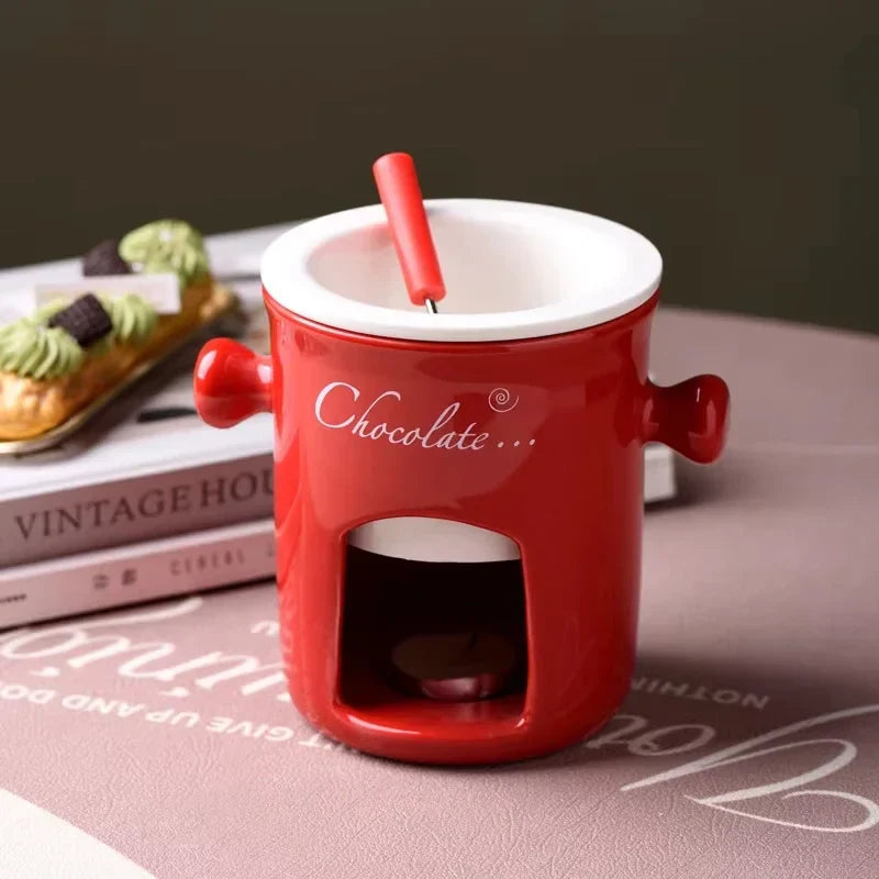 Chocolate Fondue Mug - Ceramic Melting Cup with Candle & Fork for Desserts