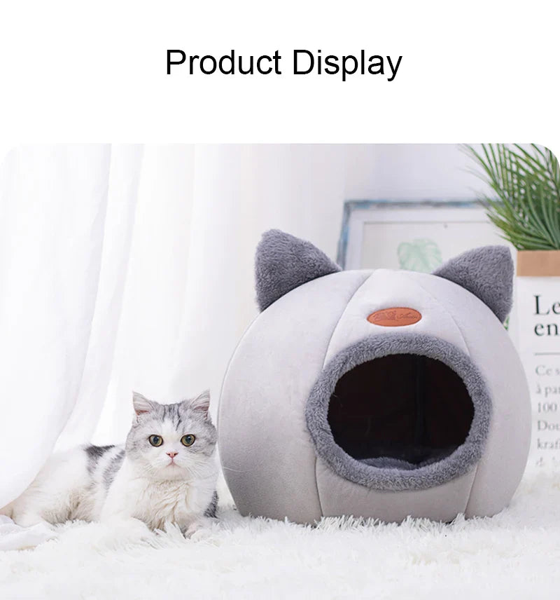 Cat House Bed - Warm Semi-Enclosed Cave with Non-Slip Base for All Seasons